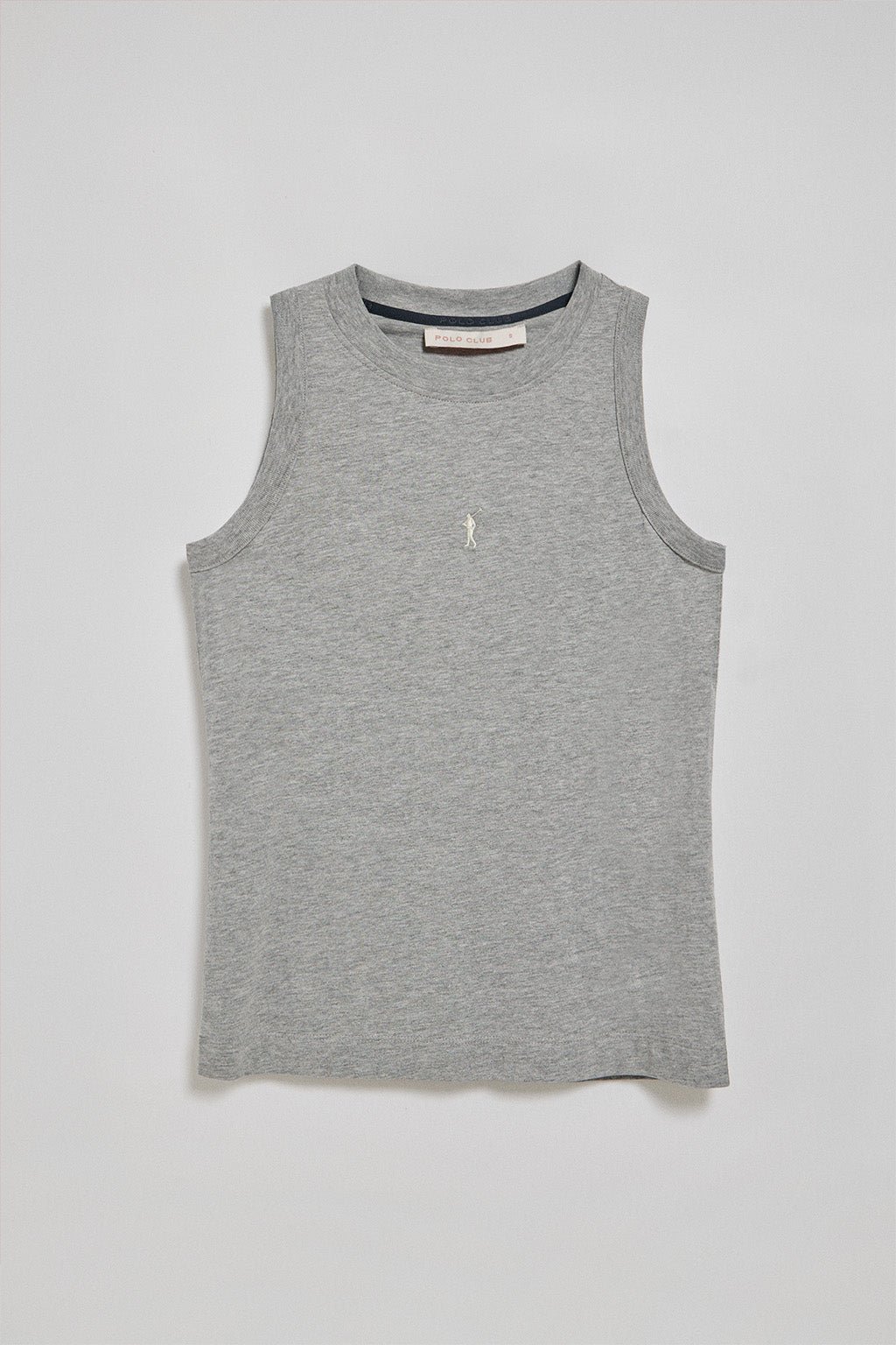 Schlichtes ärmelloses T-Shirt grau meliert mit Rundkragen und Rigby Go Logo-Stickerei