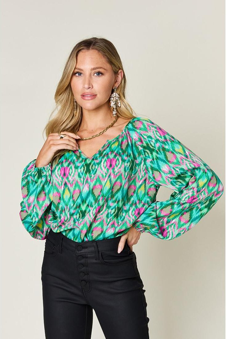 Damen Double Take Übergroße Bedruckte Ballonärmel-Bluse