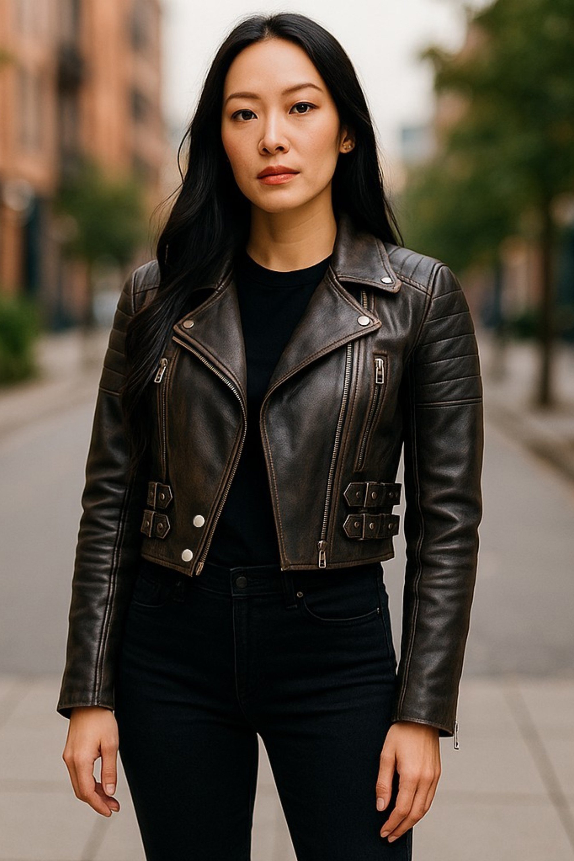 Damen Vintage Schwarze Cropped Brando Leder Bikerjacke-Durban