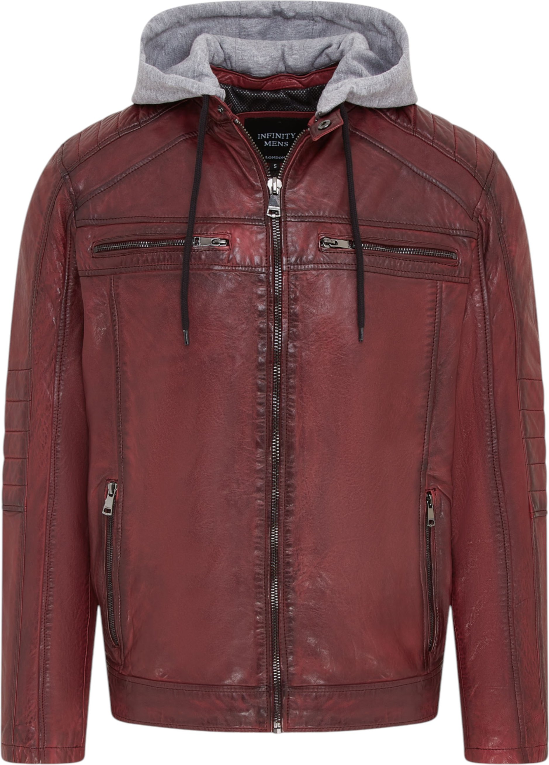 Herren Ox Red Kapuzenjacke aus burgunderrotem Biker-Lammleder - Burten