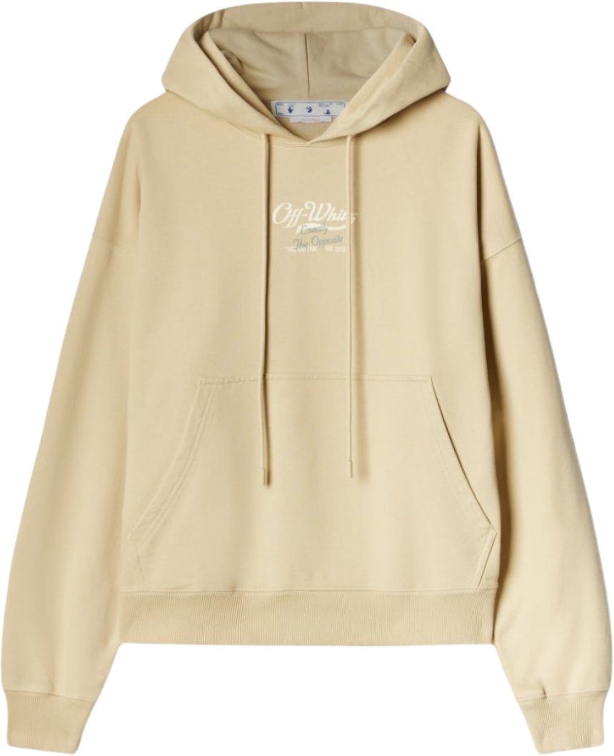 Off-White-Schriftzug-Logo gegenüber über dem beigefarbenen Skate-Fit-Kapuzenpullover