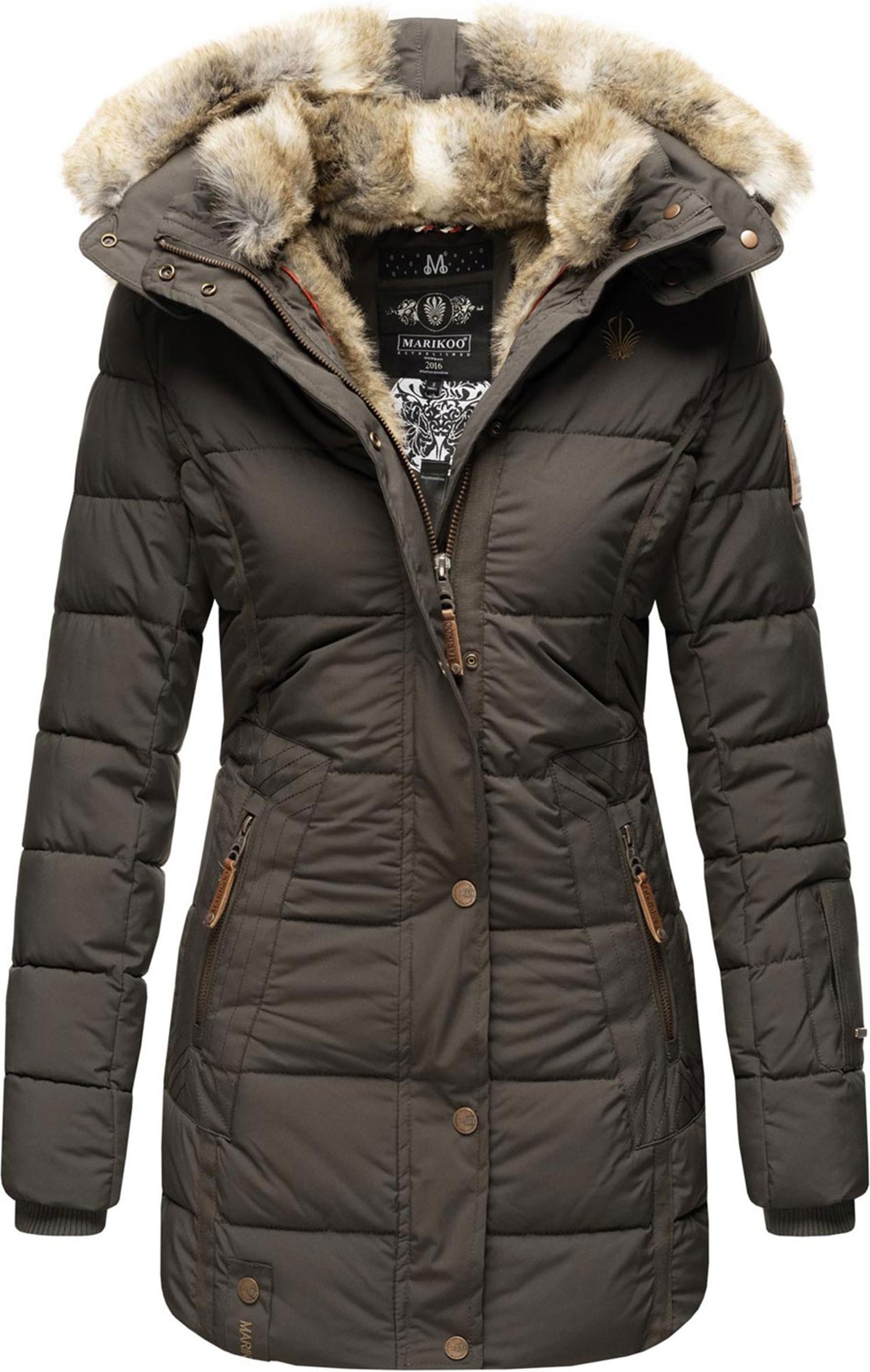 Marikoo Damen Winterjacke mit Kapuze & Kunstfell-Innenfutter