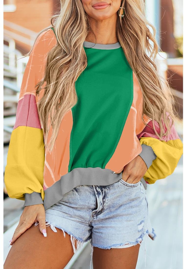 Thumbnail - Azura Exchange Dunkelgrüner Farbblock-Patchwork Mit Sichtbaren Nähten Oversize Top