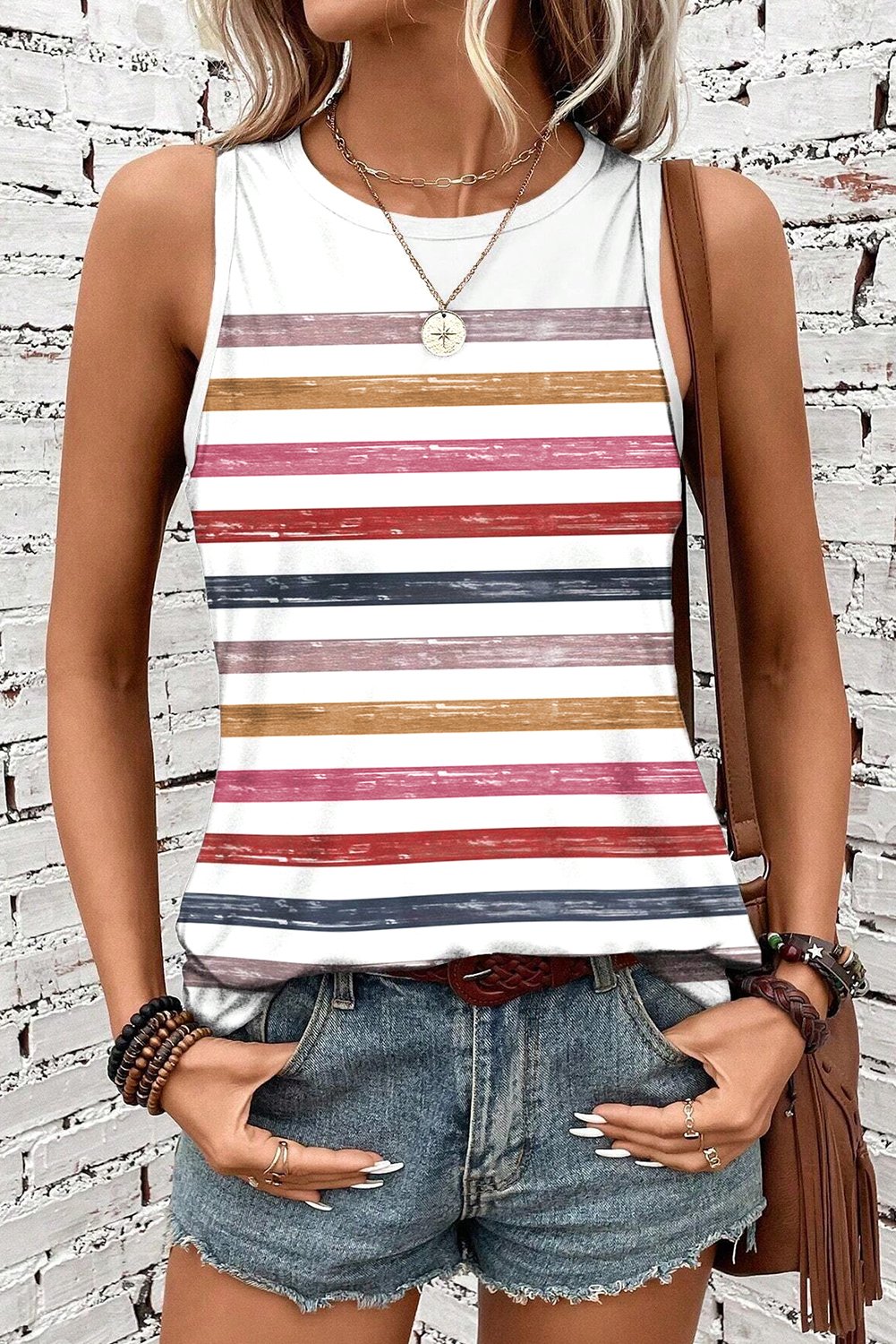 Thumbnail - Rotes Streifen Regenbogen Rundhals Tanktop