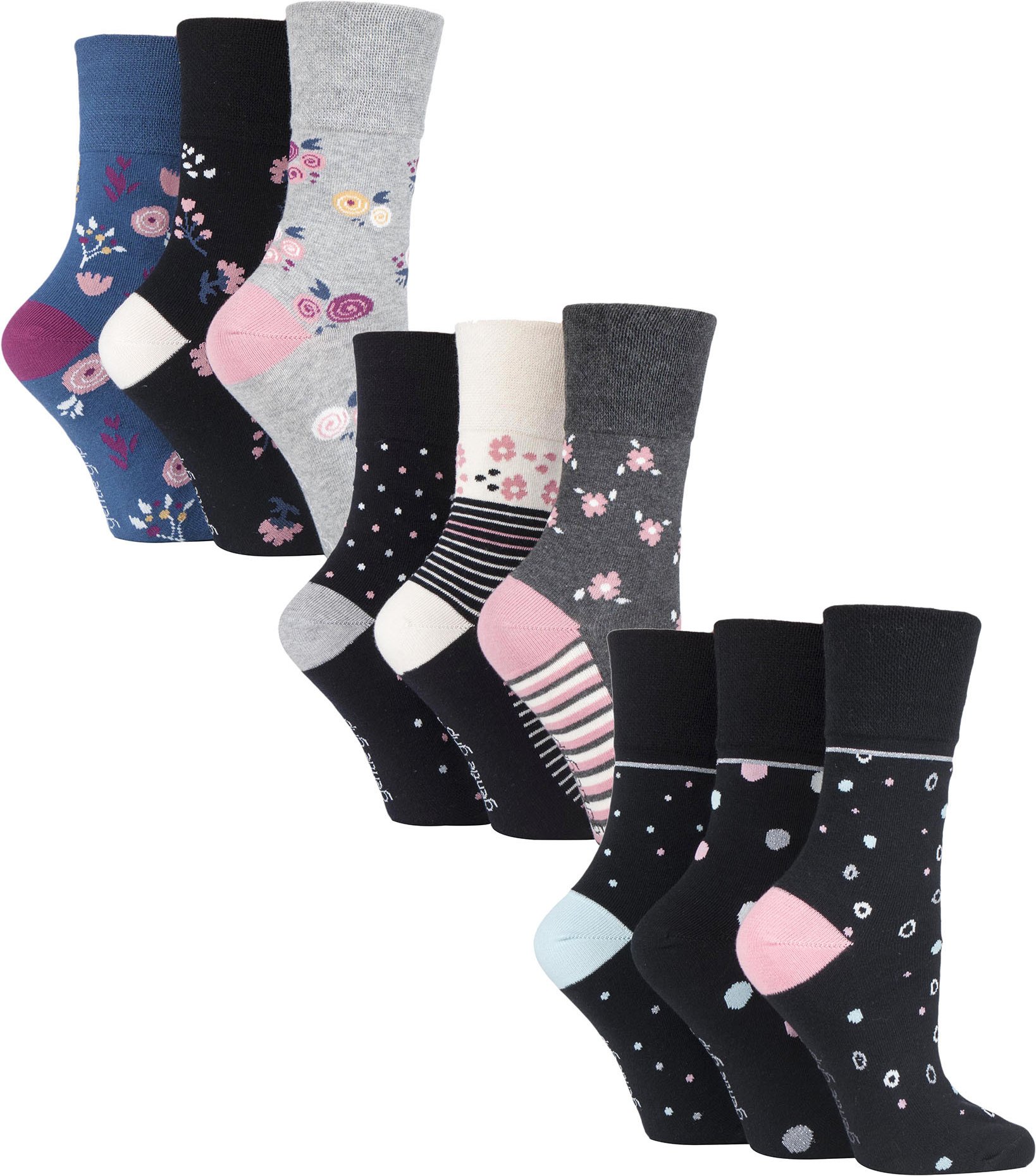 Thumbnail - 9 Paar Multipack Ladies Cotton Crew Non Elastic Socks | Gentle Grip | Womens Soft Top Striped Patterned Non Binding Sock...