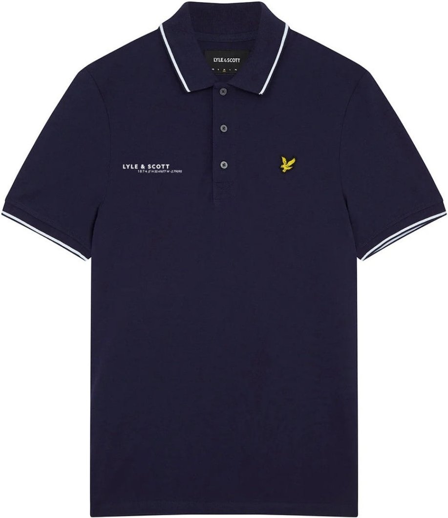 Lyle & Scott Marineblaues kurzarmliges Poloshirt mit Koordinatenmuster und Logo
