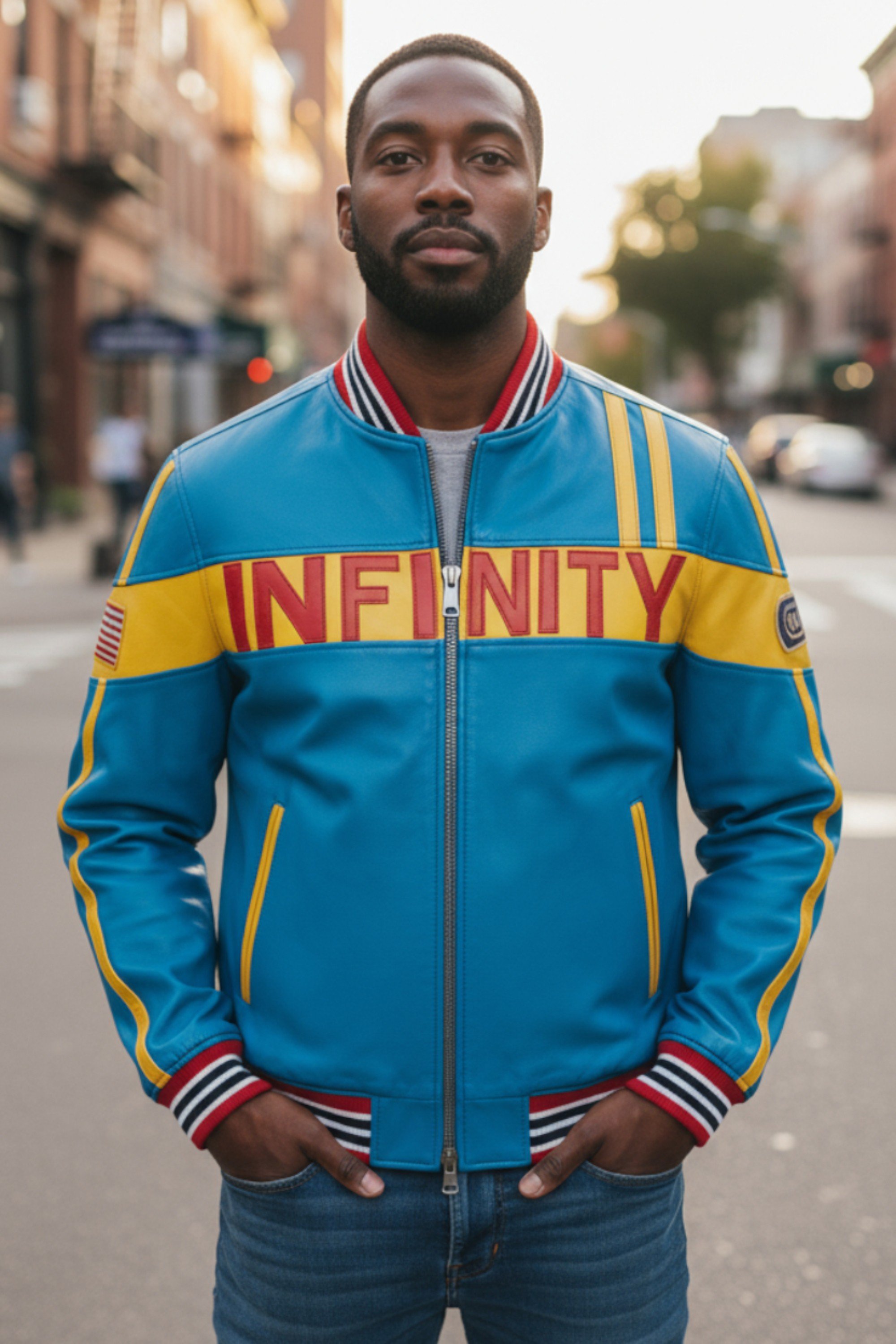 Blaue italienische Herren-Bikerjacke aus Rennstreckenleder – Circuit