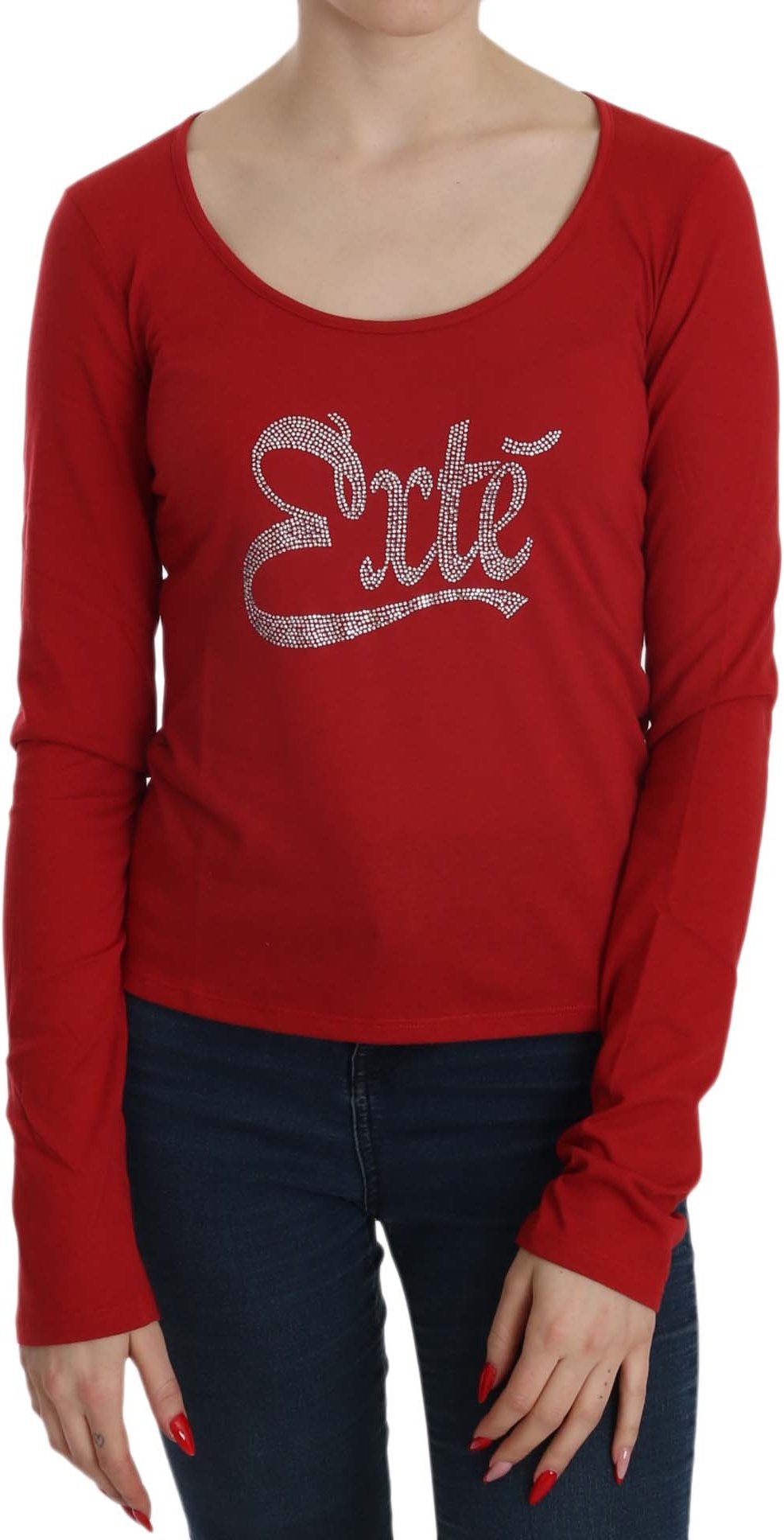 Exte Damen Bluse mit roten Kristallverzierungen und langen Ärmeln