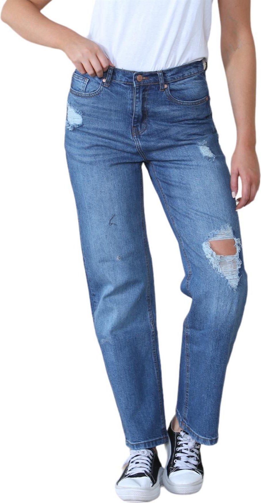 MYT Ladies Wide Leg High Waisted Distressed Jeans in Mid Blue