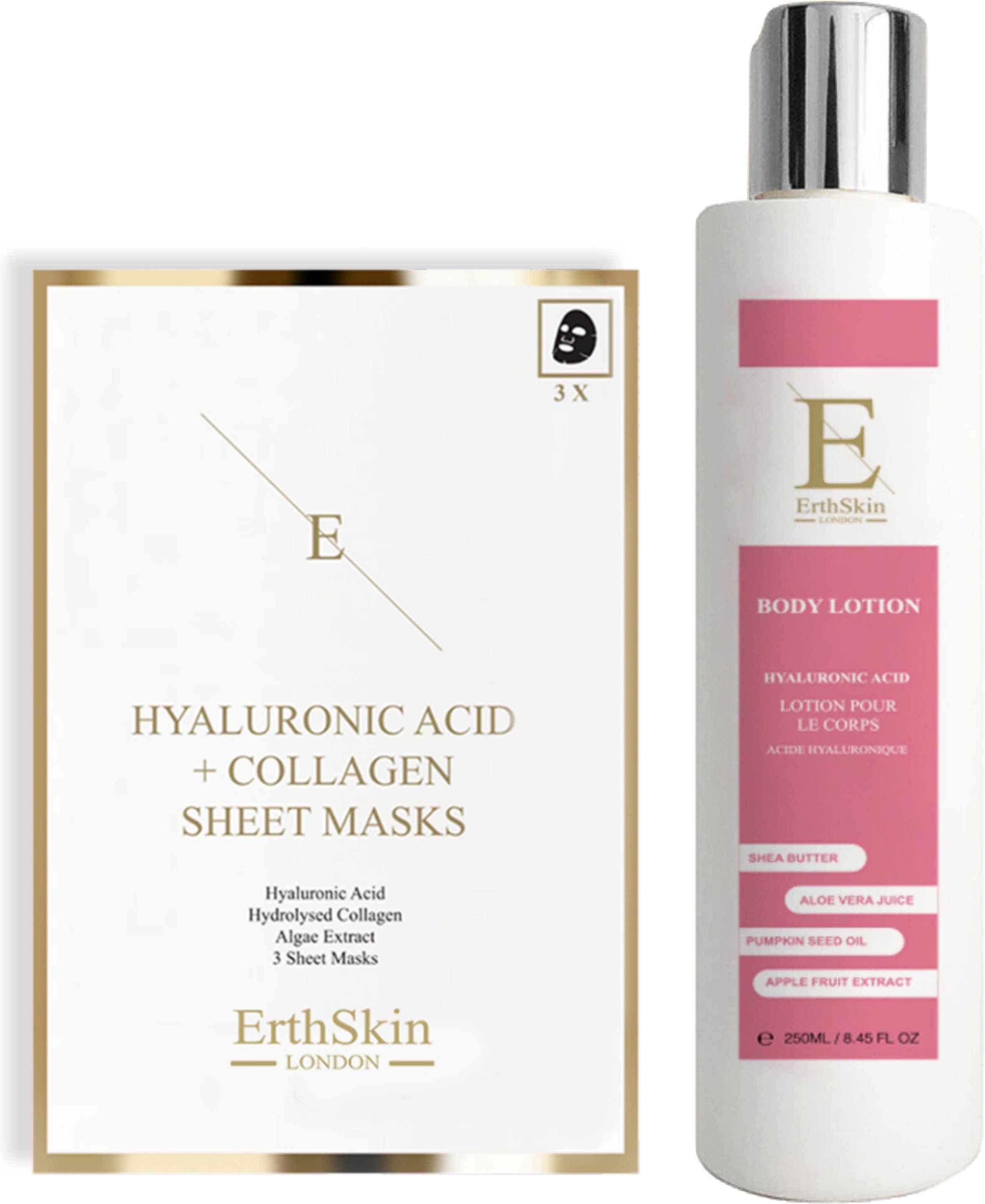 Hyaluronsäure + Kollagen Körperlotion 250ml + Hyaluronsäure & Kollagen Maske - 3 Blatt