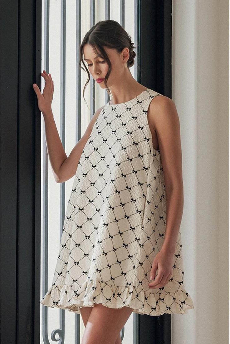 Thumbnail - Weißes Schleifen-Karomuster Perlenknöpfe Rücken Rüschenshirt Ärmelloses Mini-Kleid