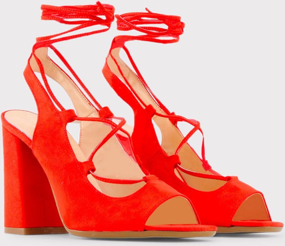 Rote Schnür-Blumenblockabsatzsandalen