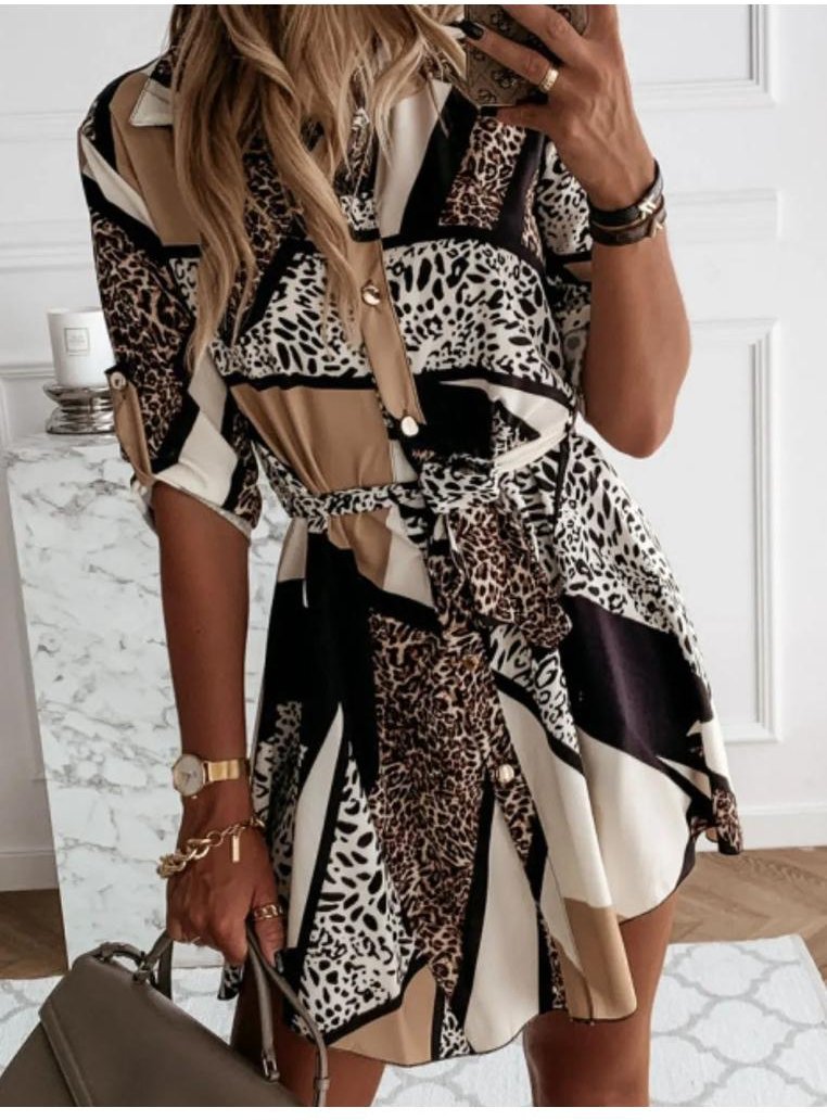 Damen Mini-Kleid mit Druck und Bindeband an der Taille, hochgekrempelte Ärmel