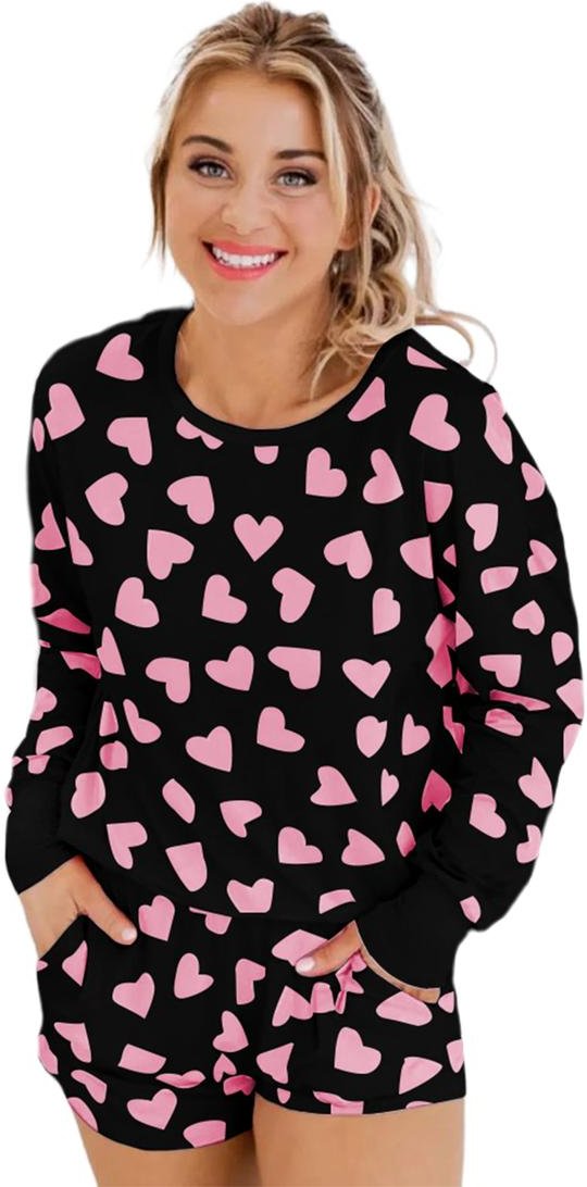 Thumbnail - Azura Exchange Schwarzes Valentine Herzform Print Langarmshirt und Shorts Lounge Set