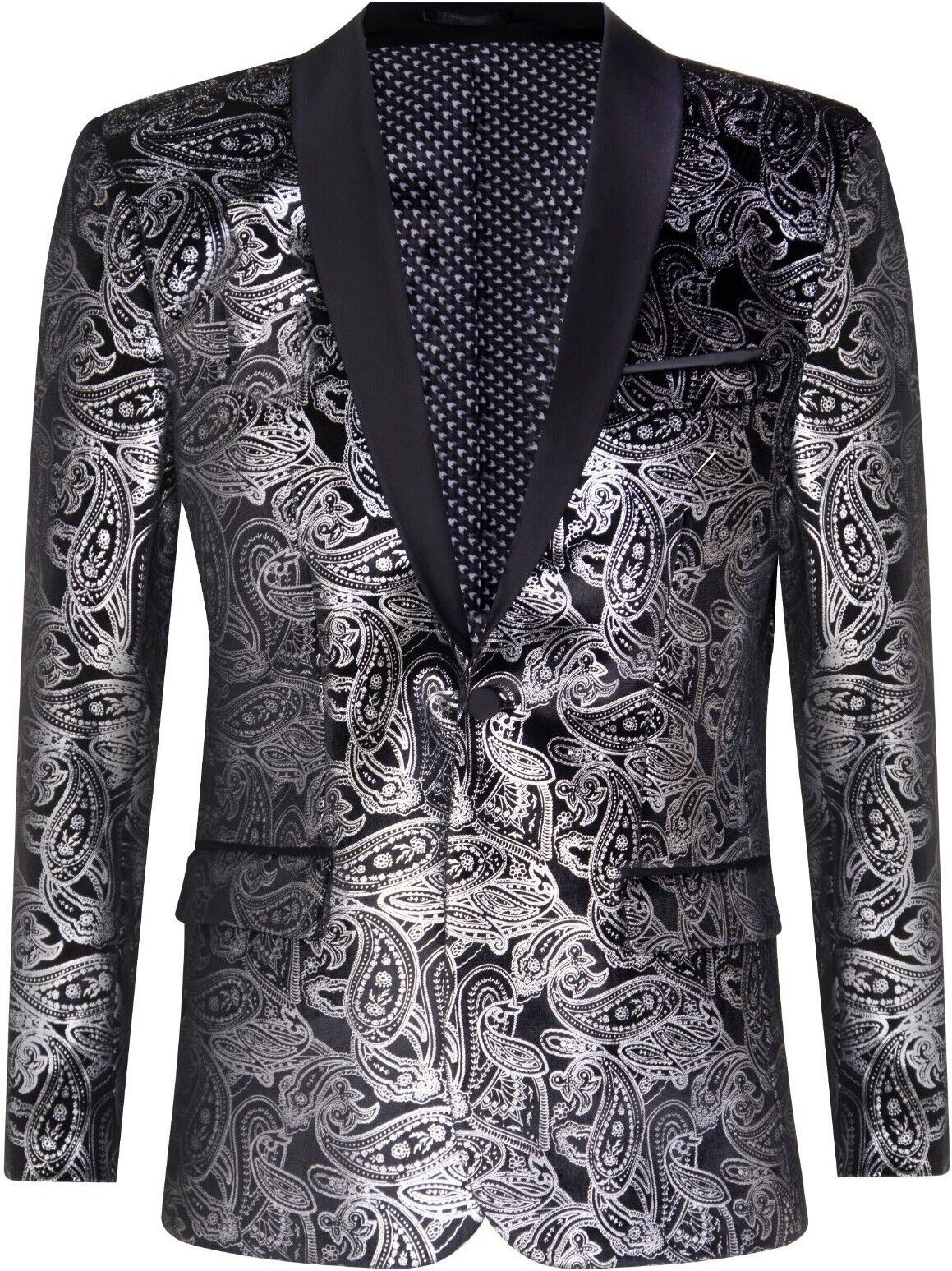 Thumbnail - Klassischer Smoking-Blazer aus schwarzem Samt mit silbernem Paisley-Muster für Herren