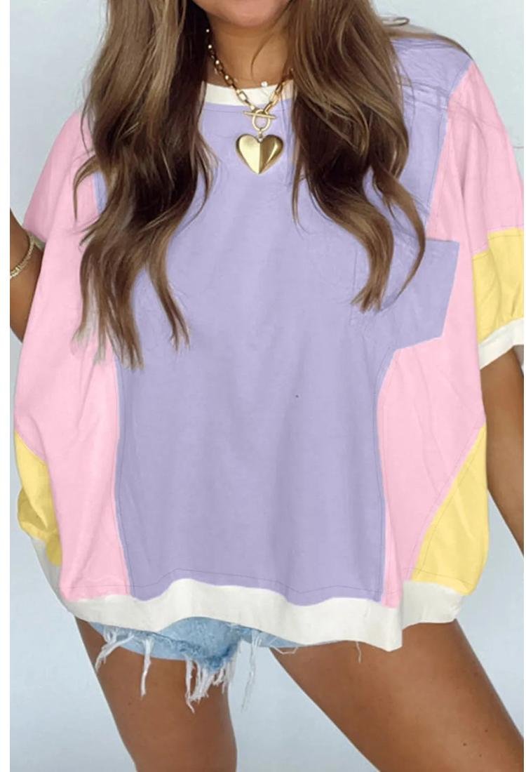 Thumbnail - Color-Block-Patchwork-Oversize-T-Shirt mit halben Armeln und Tasche