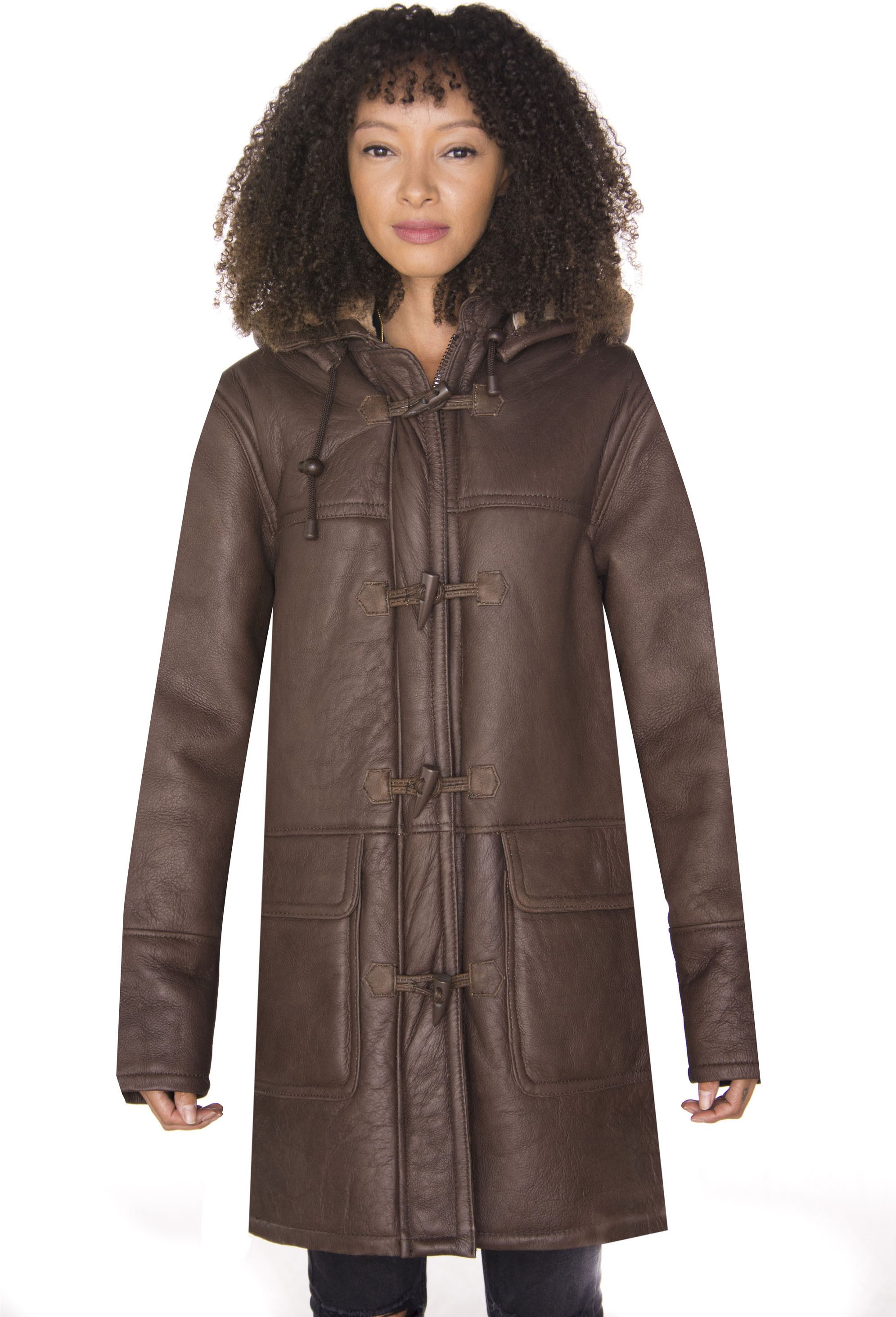 Brauner Damen-Dufflecoat aus Schafsleder mit Kapuze – Charlotte