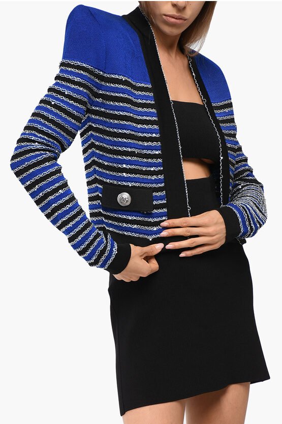 Gestreifte Strickjacke mit Paillettenverzierung in Blau, Schwarz