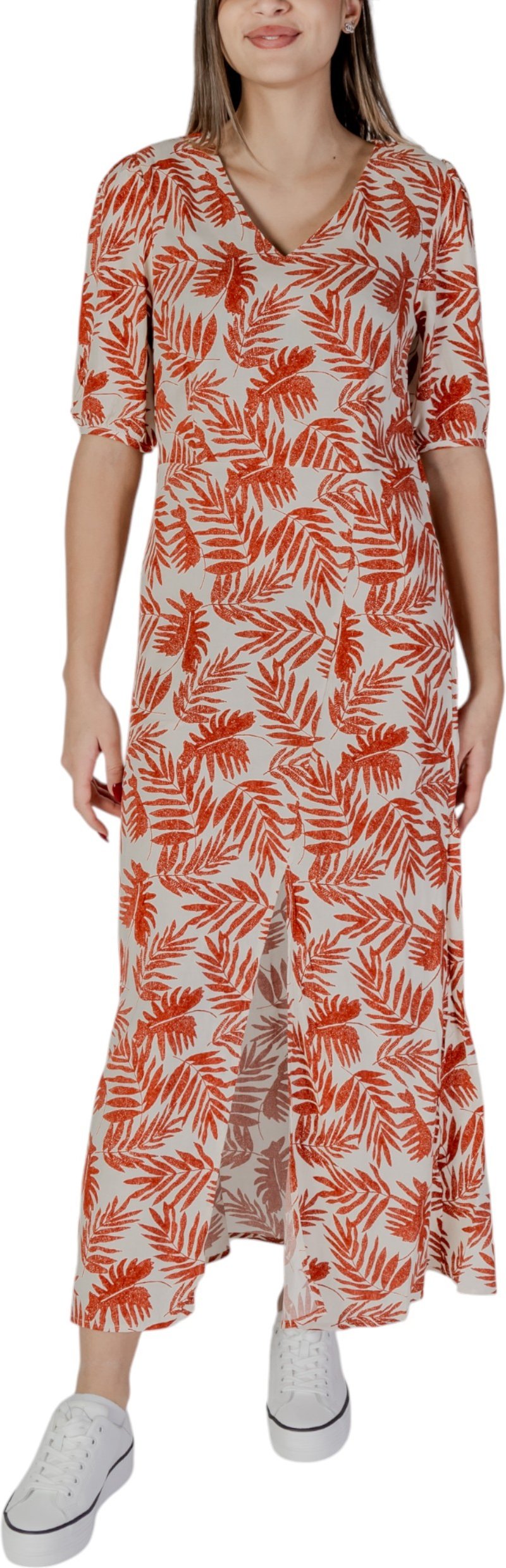 Blatt-Print Maxikleid V-Ausschnitt Kurzarm