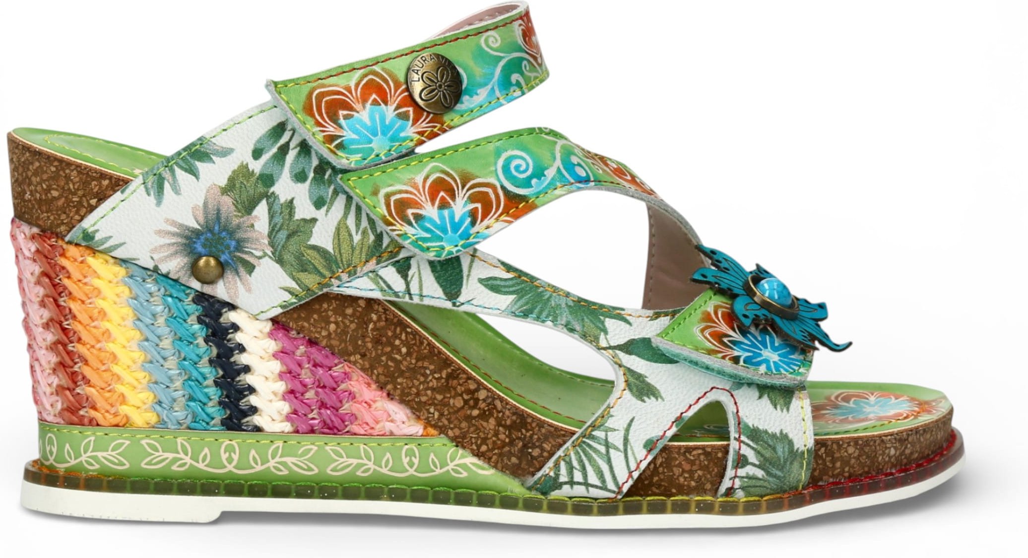 Laura Vita Damen Balade 32 Vert Grün Blumenmuster Leder Keil Espadrille Sandalen