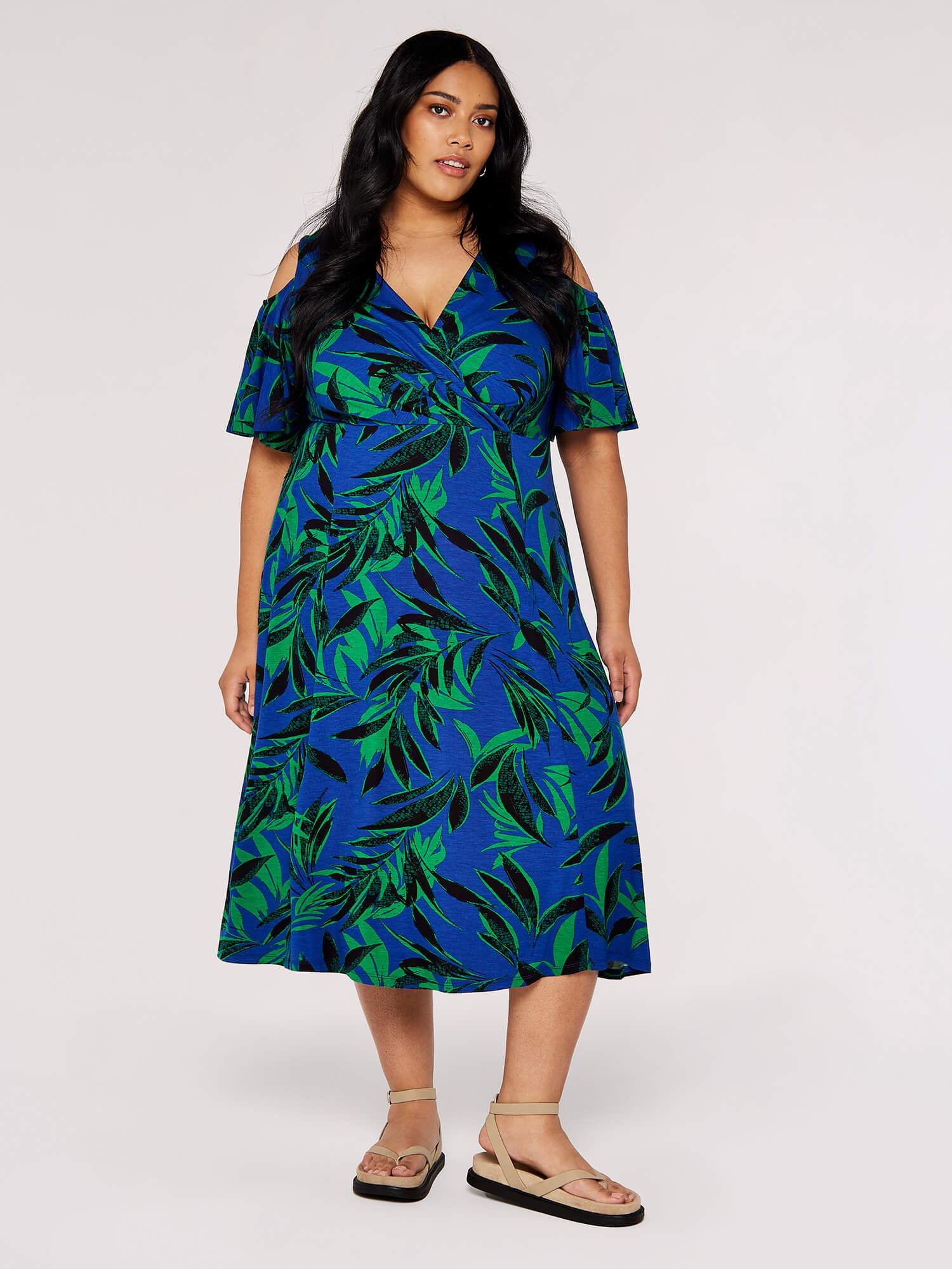 Thumbnail - Apricot Tropical Palm Midikleid