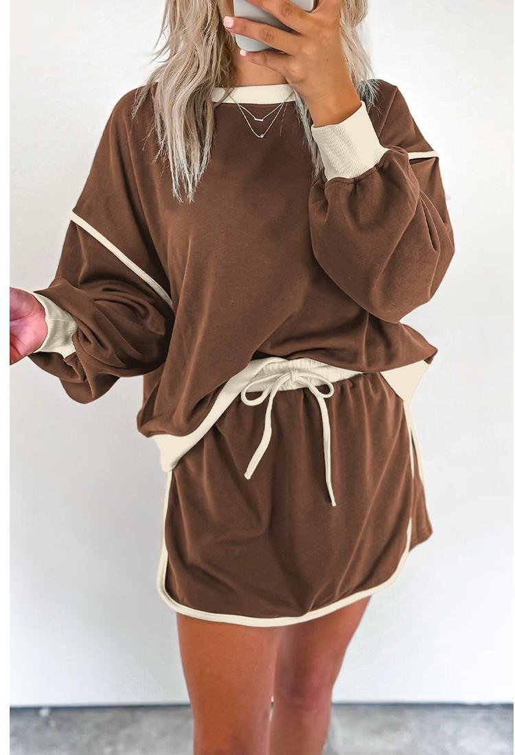 Thumbnail - Azura Exchange Kaffee Farbkontrast Lockere Pullover und Schnürbund Rock Set