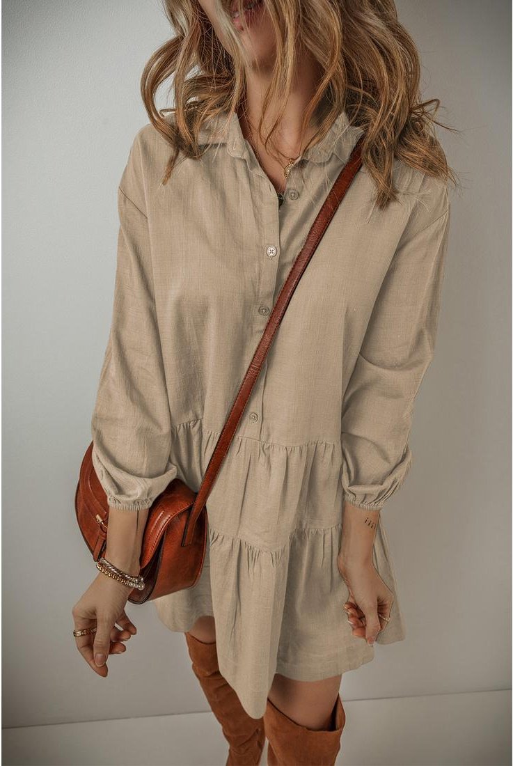 Thumbnail - Azura Exchange Tan Puffärmel Button-Up Gestuftes Plissiertes Hemd-Minikleid