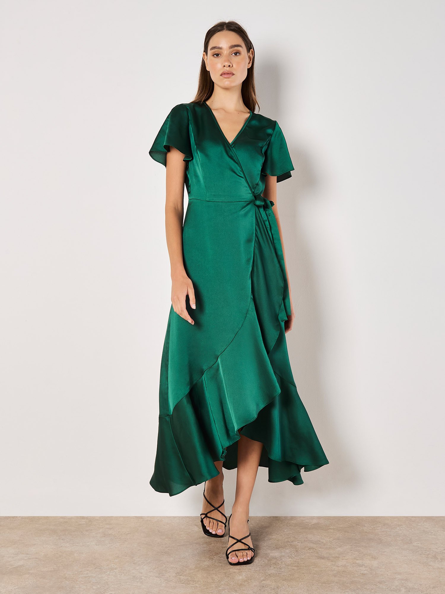 Thumbnail - Apricot Satin-Rüschen-Wickel-Maxikleid