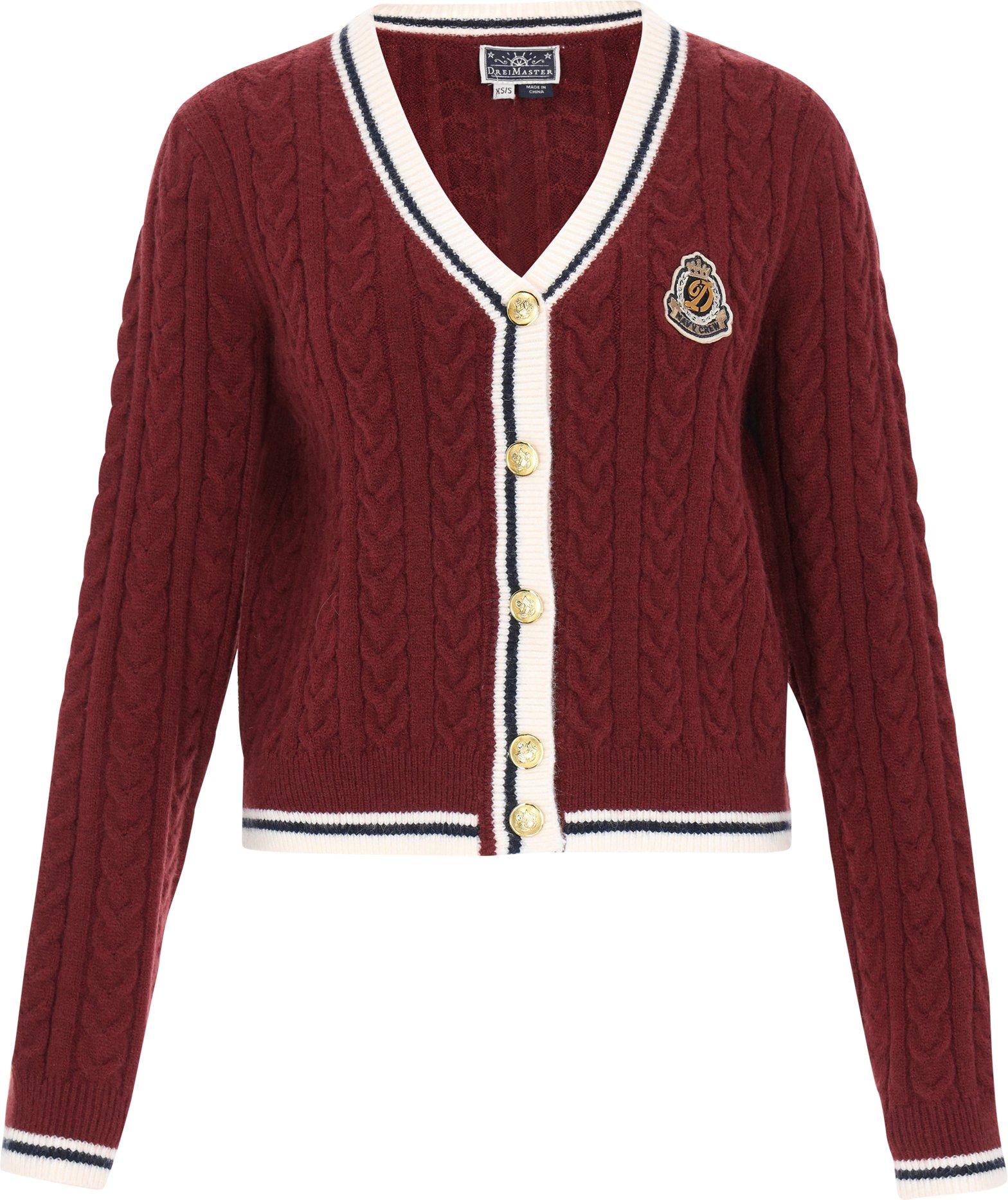 Thumbnail - Dreimaster Strickjacke Frauen weinrot marineblau cremeweiß