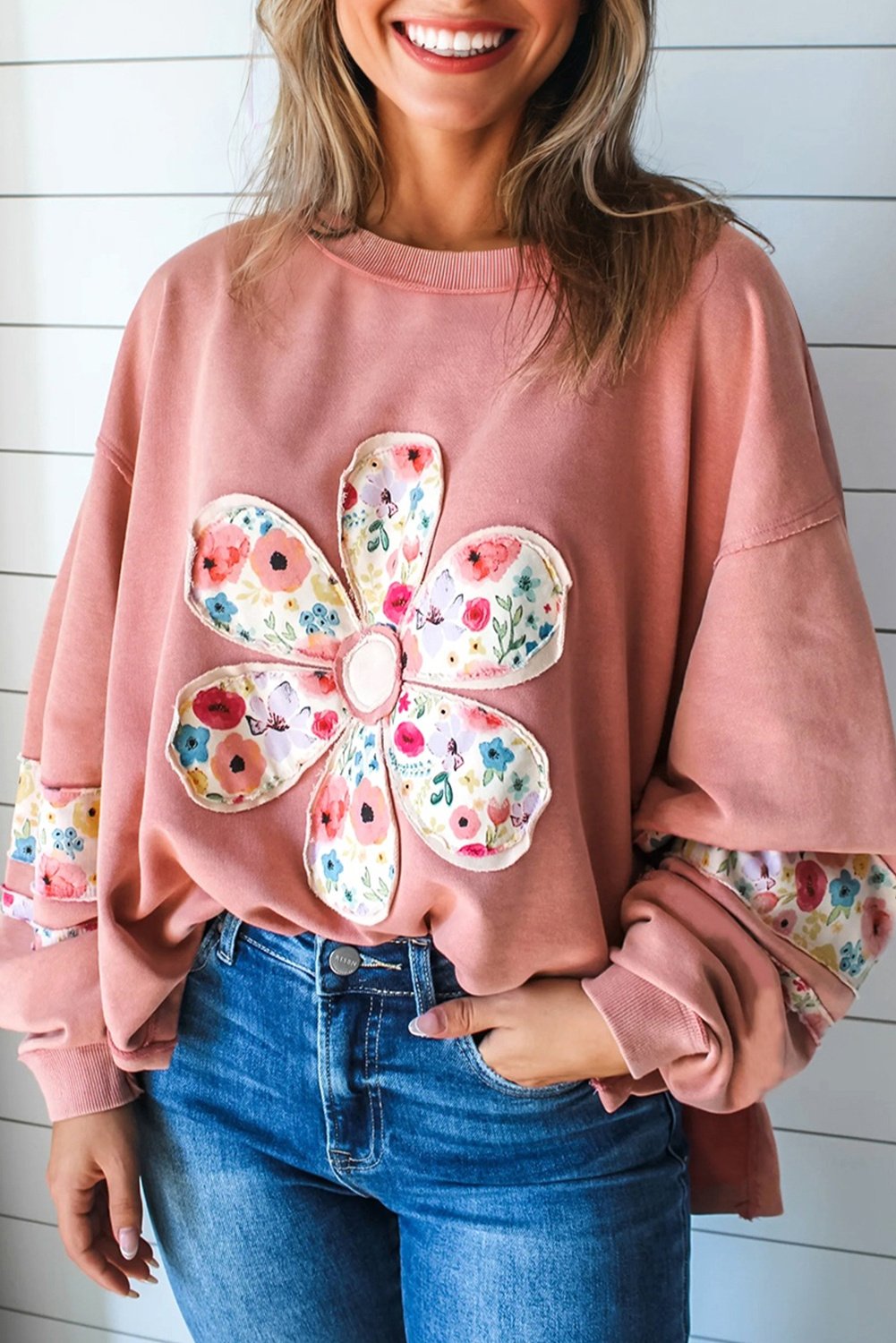 Blumenapplikation Lockere Sweatshirt