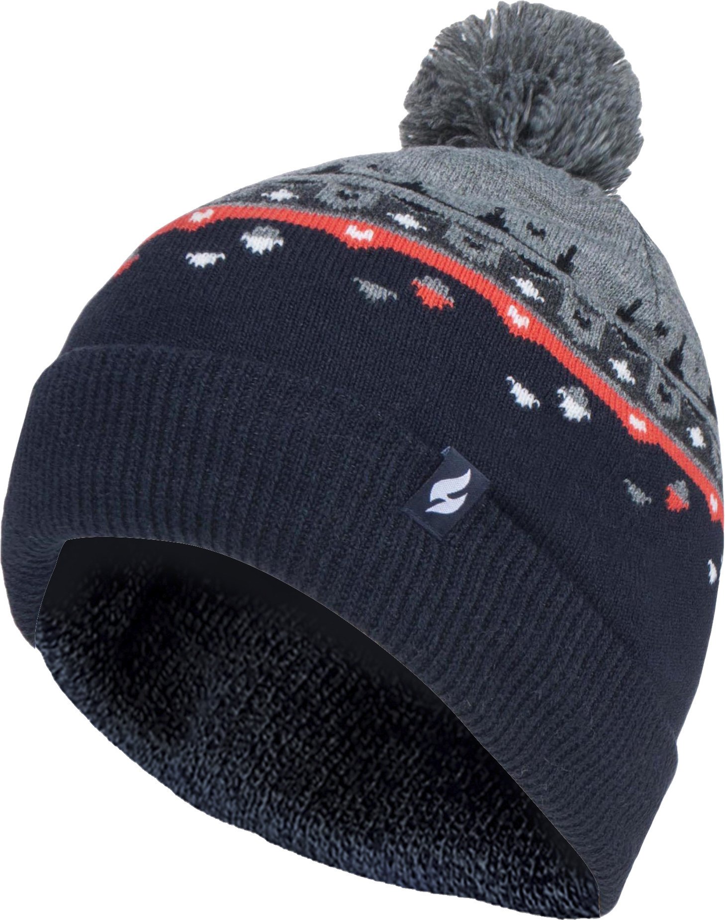 Heat Holders - Mens Thin Knit Fleece gefüttert Pom Pom Hut | Gemustert | Für Winter - Pebble Grey