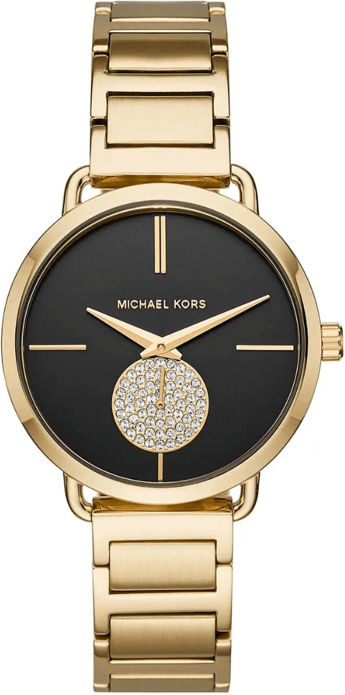 Michael Kors Portia MK3788 Damen 36,5 mm Gold Edelstahl Armbanduhr mit schwarzem Ziffernblatt