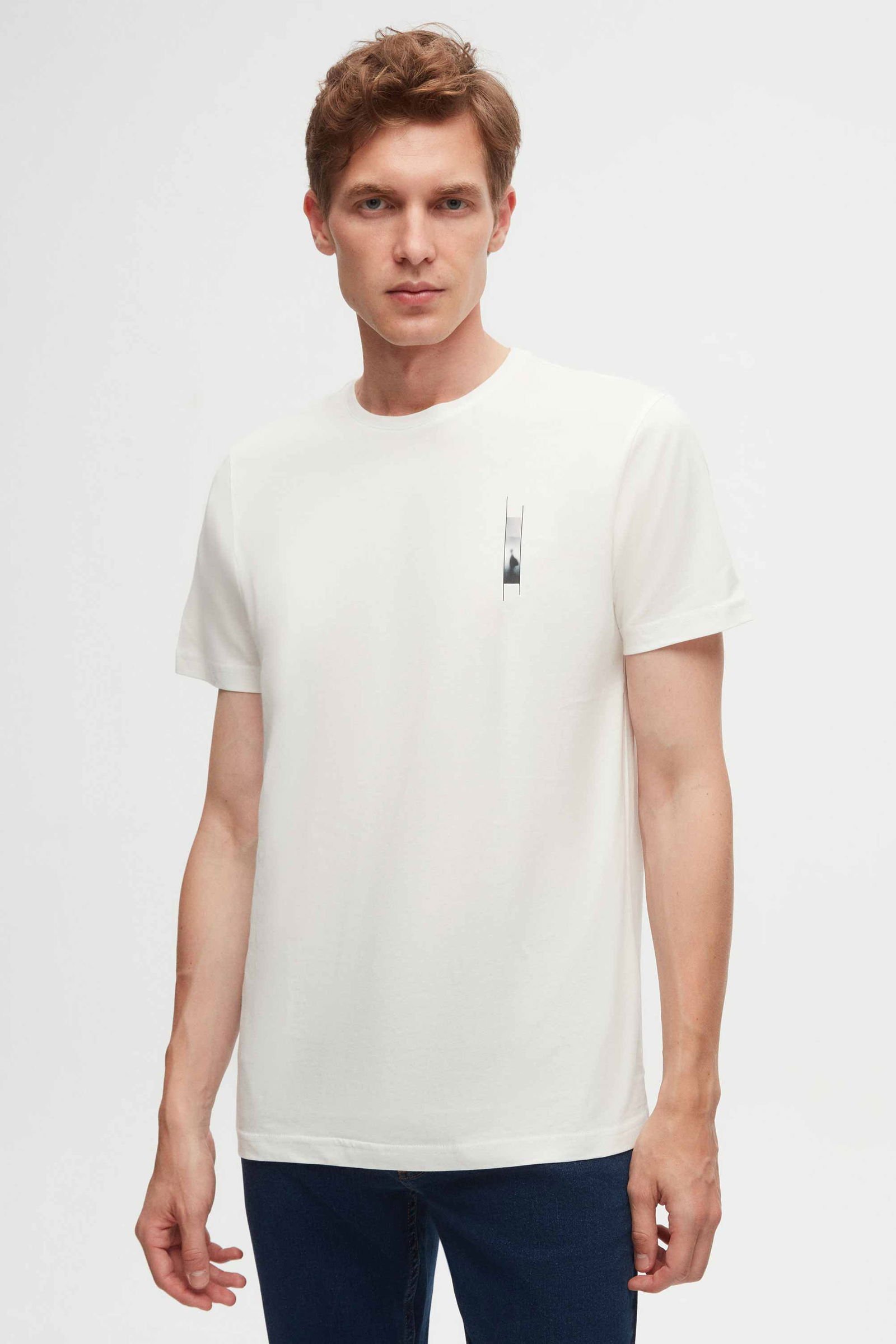 Weiß Bedrucktes 100% Baumwoll-T-Shirt - Reguläre Passform