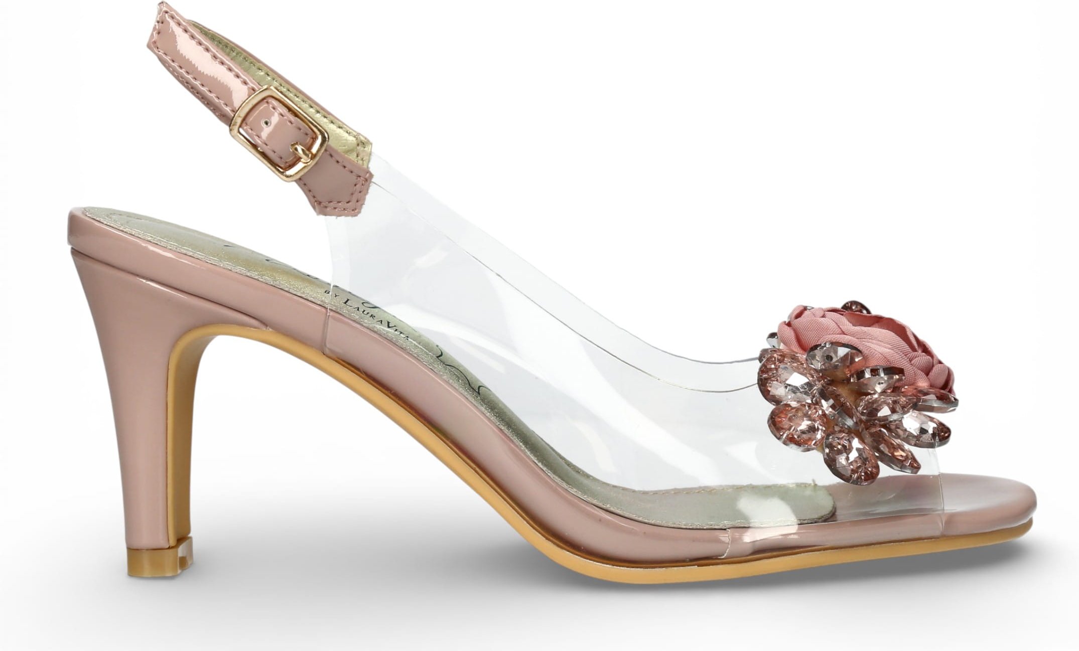 Laura Vita Damen-Sandalen Mira 05, durchsichtiges rosafarbenes Cinderella-Stili, spitz zulaufender Absatz, Knöchelriemen