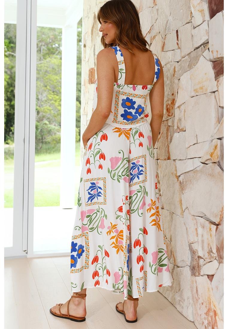 Thumbnail - Weißes farbenfrohes bedrucktes Top mit Quadrat-Ausschnitt und weite Hose Set