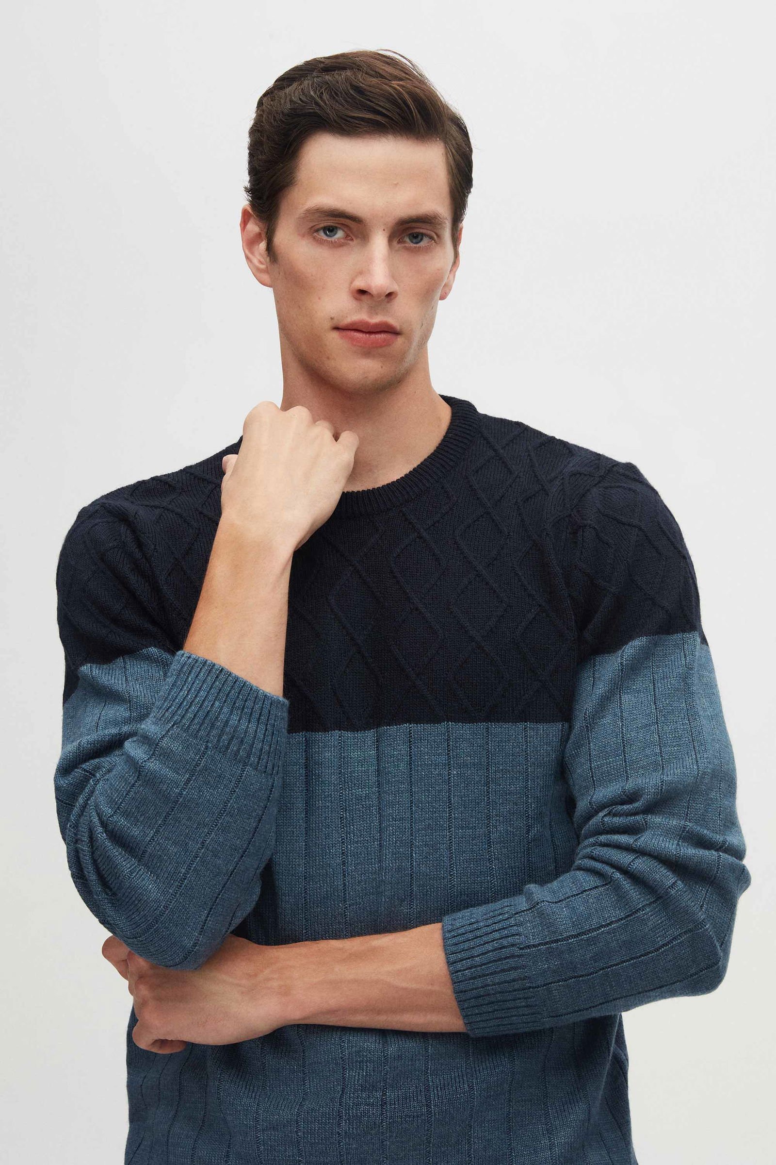 Ds Damat Regular Fit Diamantmuster Knitterfreier Rundhals-Strickpullover