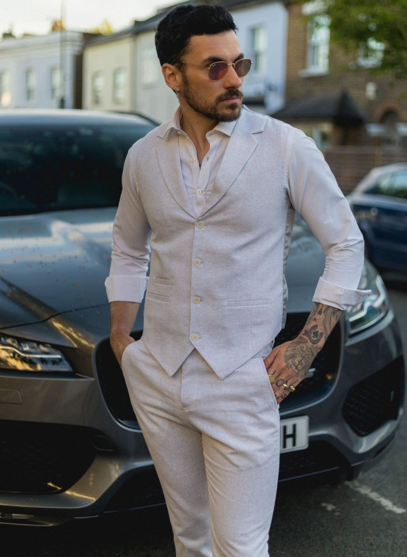Thumbnail - Herren Sommer 2-teilig Anzug Leinen Formal Grau Weste Hose