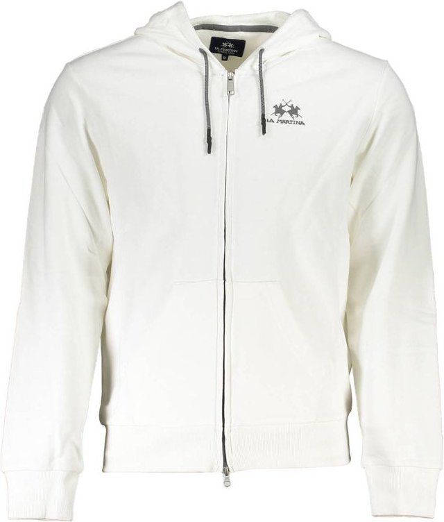 La Martina Weißer Baumwoll-Herrenpullover mit Kapuze und Reißverschlusstaschen