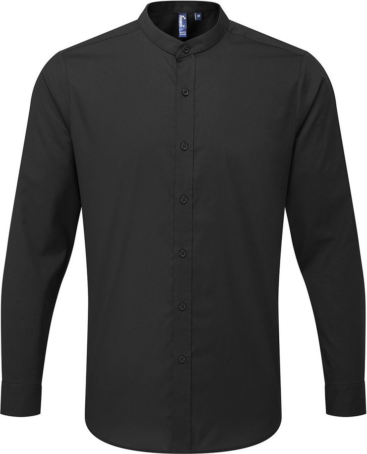 Premier Mens Banded Collar Langärmliges Formales Hemd (Schwarz)