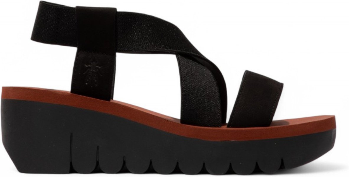 Fly London YABI922FLY Damen-Sandalen Cupido aus schwarzem Ziegelsteinleder mit Plateau-Wedges