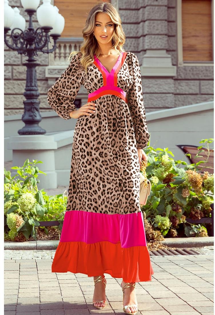 Thumbnail - Braun Leopard Farbblock V-Ausschnitt Lockeres Maxi-Kleid