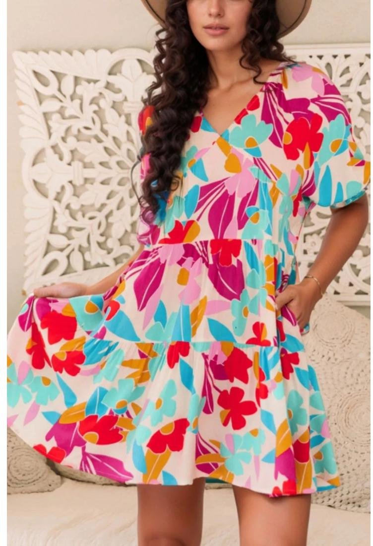 Damen Blumendruck Puffärmel V-Ausschnitt Stufenrock Volant Babydoll-Kleid