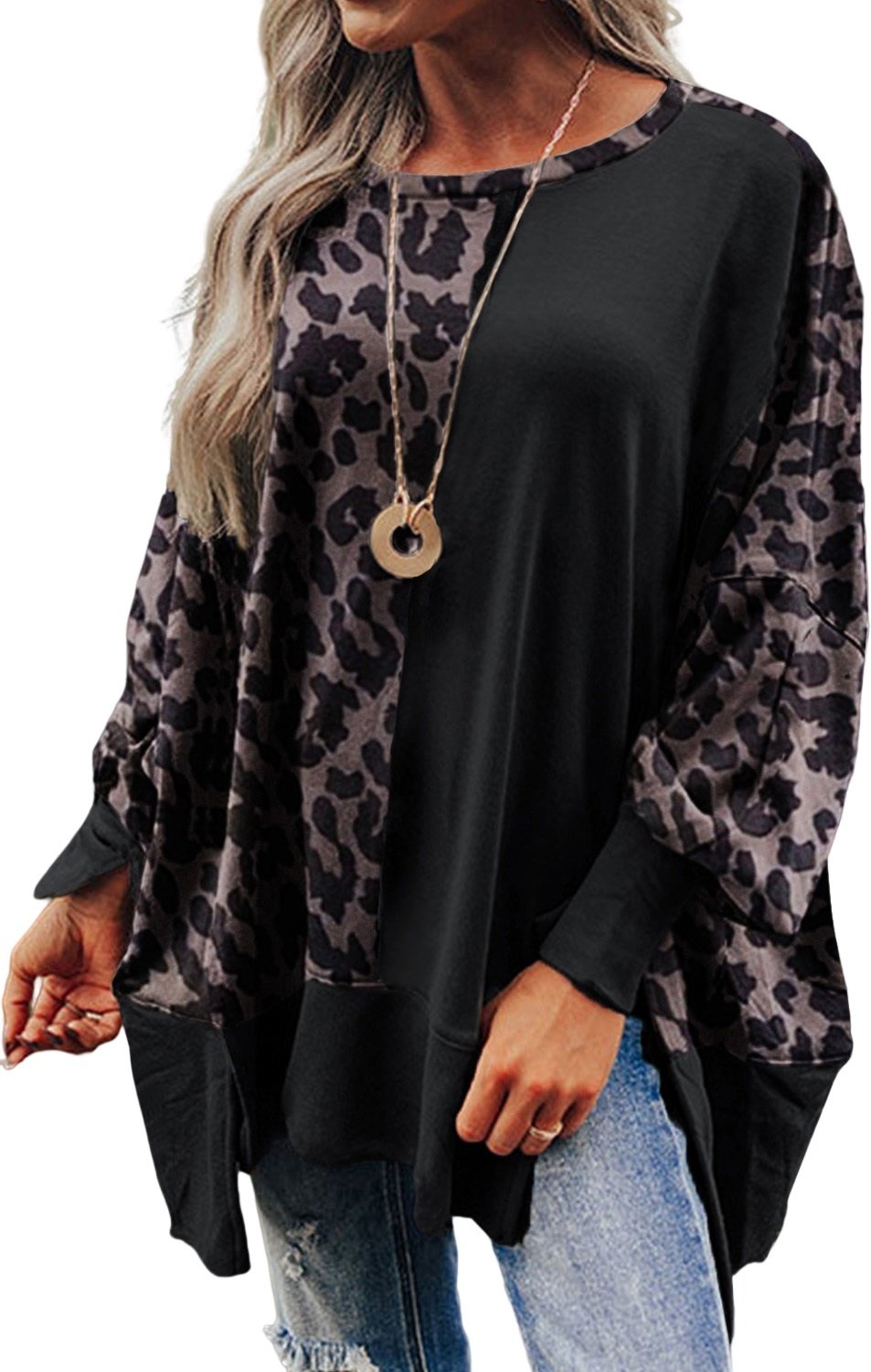 Schwarzer Leopard Patchwork Bischofsleef Schlitz Sweatshirt