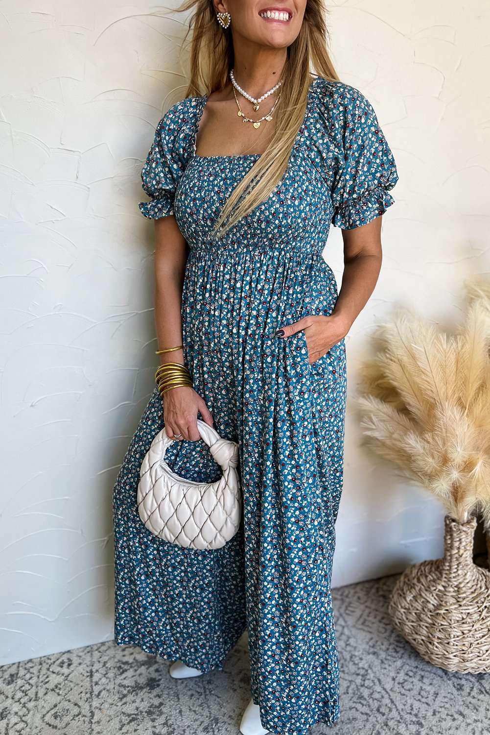 Thumbnail - Blauer Vintage Boho Floral Geraffter Kurzarm Puffärmel Jumpsuit mit weitem Bein