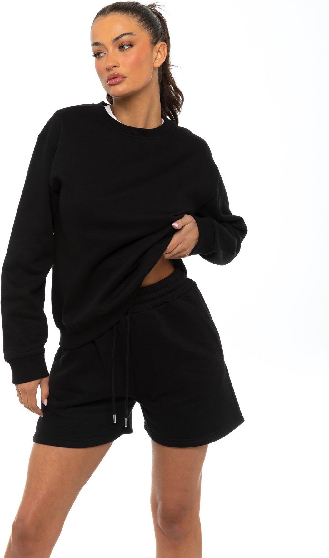 Thumbnail - Enzo Womens Oversized Sweatshirt Trainingsanzug mit Shorts - Schwarz