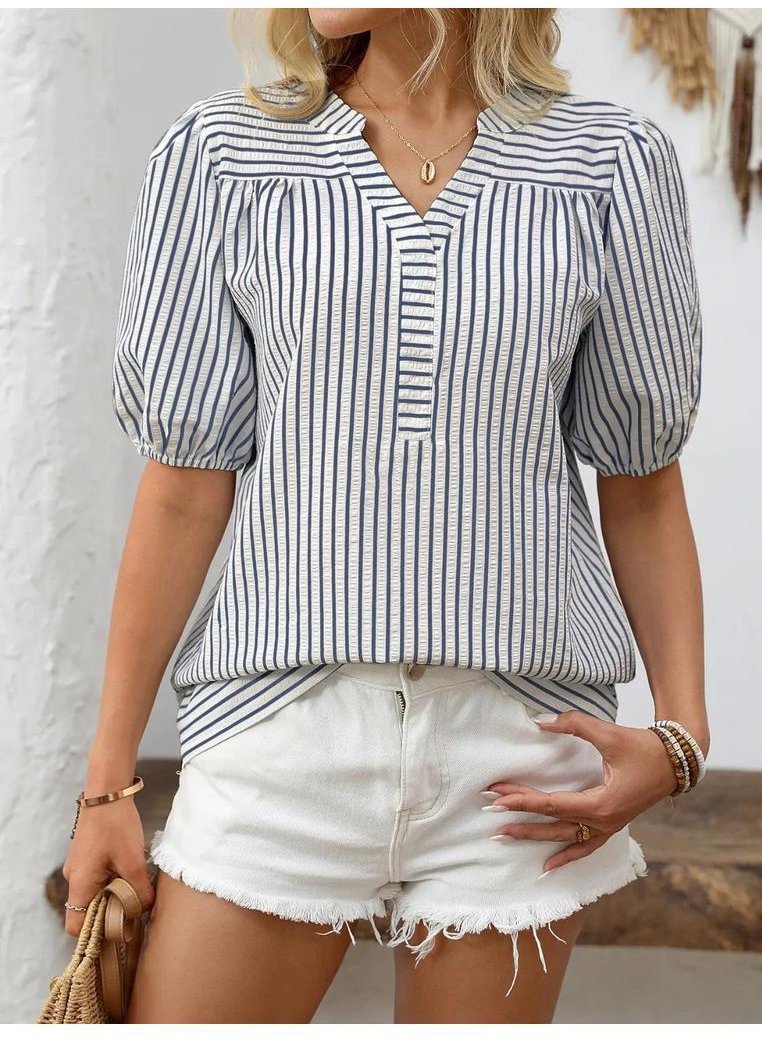 Damen gestreifte Bluse mit abgesetztem Puffärmel