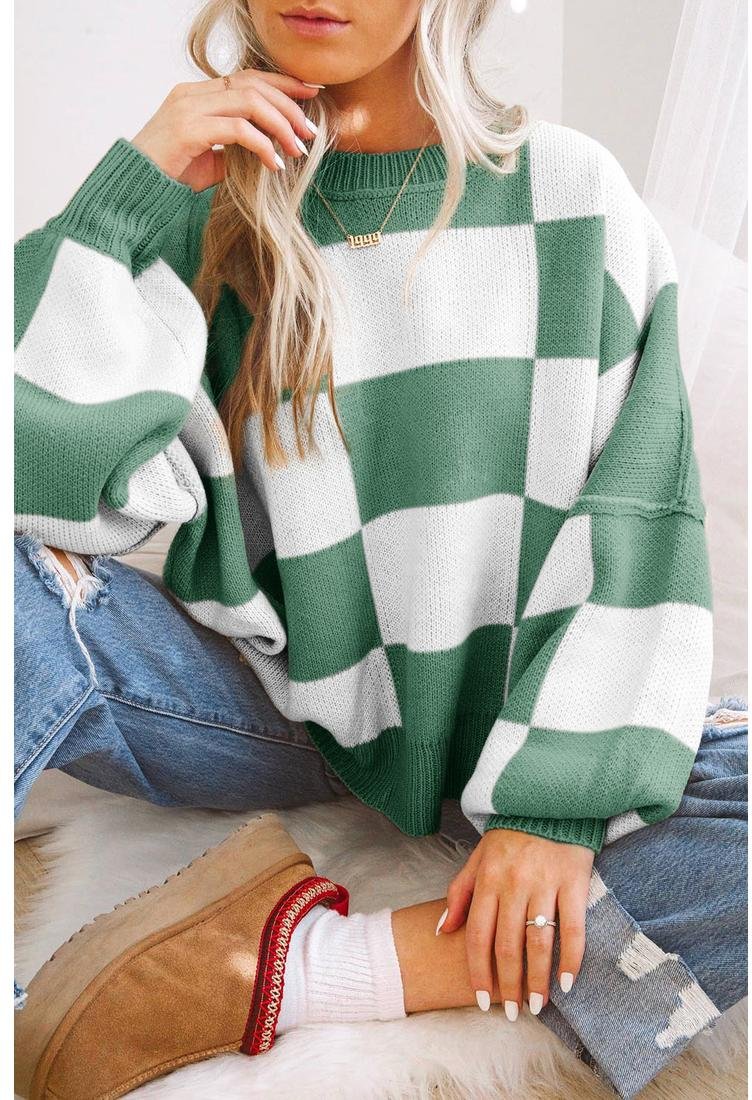 Thumbnail - Azura Exchange Grüner Karierter Bischofärmel-Pullover