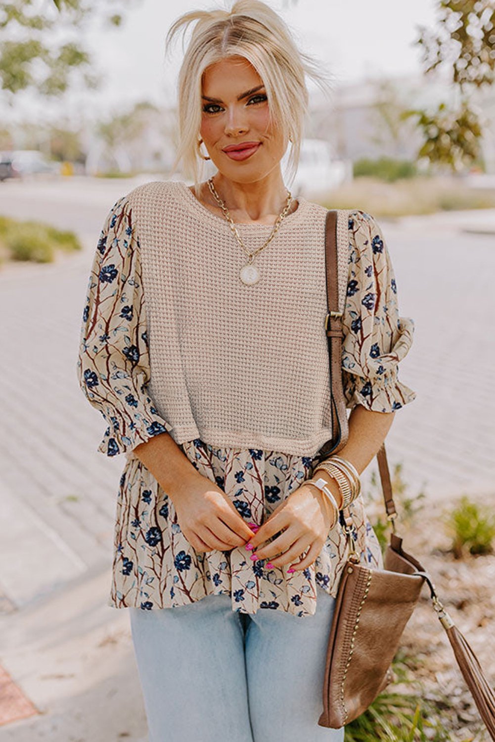 Bluse mit floralem Druck und Waffelstrick