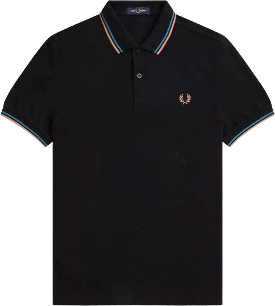 Fred Perry - Blaues Poloshirt Mit Doppelstreifenkragen Und Schwarzem Muster