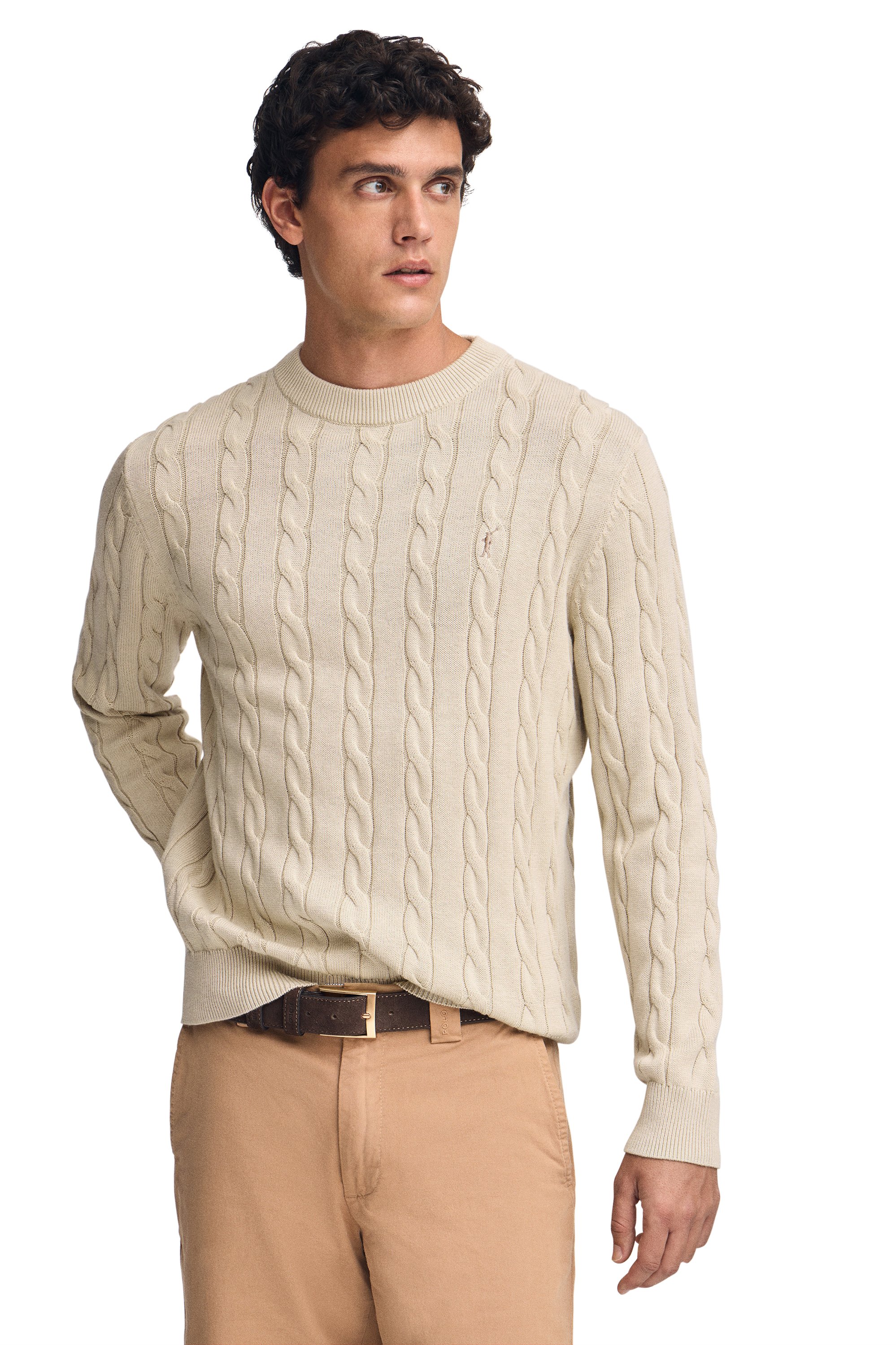 Strickpullover beige mit Zopfmuster aus Wollgemisch mit gesticktem Rigby Go-Logo
